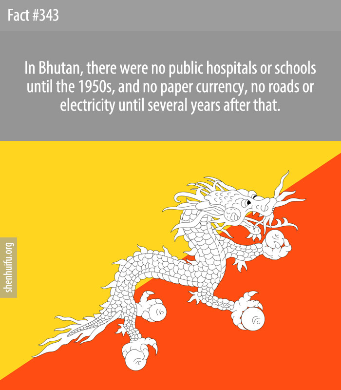 In Bhutan, there were no public hospitals or schools until the 1950s, and no paper currency, no roads or electricity until several years after that.