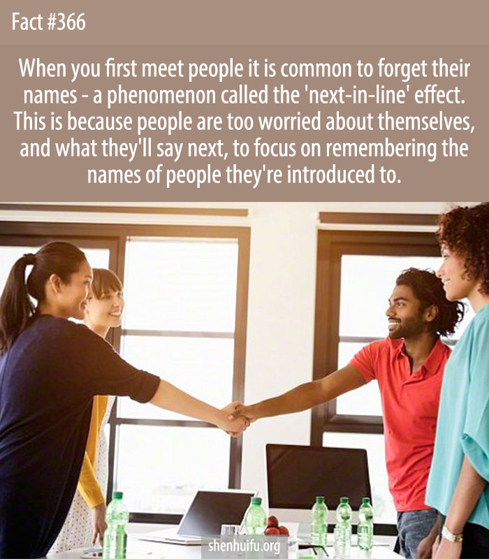 When you first meet people it is common to forget their names - a phenomenon called the 'next-in-line' effect. This is because people are too worried about themselves, and what they'll say next, to focus on remembering the names of people they're introduced to.