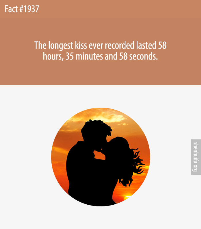 The longest kiss ever recorded lasted 58 hours, 35 minutes and 58 seconds.