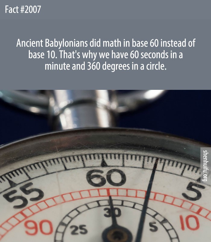 Ancient Babylonians did math in base 60 instead of base 10. That's why we have 60 seconds in a minute and 360 degrees in a circle.