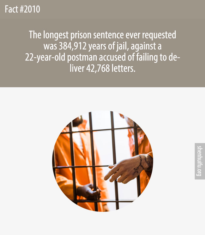 The longest prison sentence ever requested was 384,912 years of jail, against a 22-year-old postman accused of failing to deliver 42,768 letters.