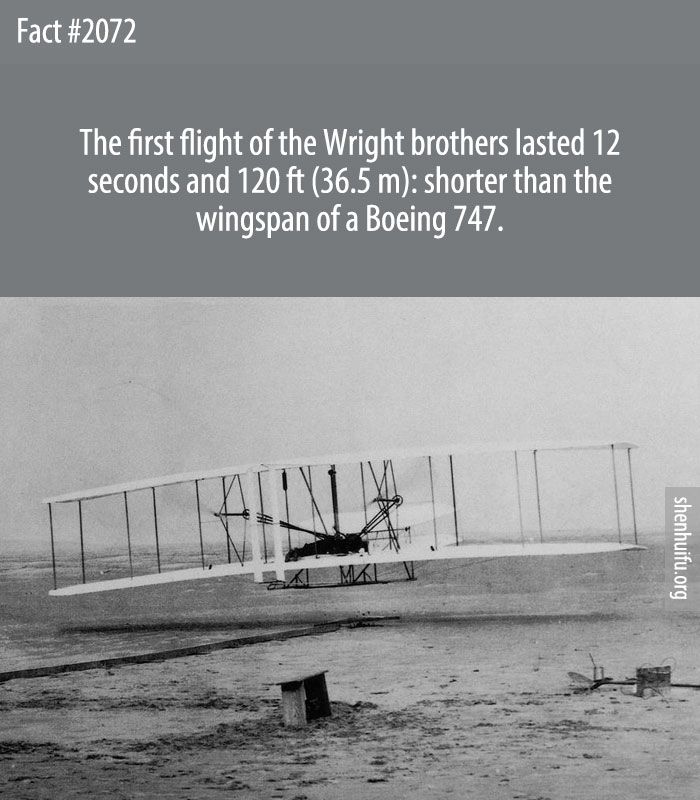 The first flight of the Wright brothers lasted 12 seconds and 120 ft (36.5 m): shorter than the wingspan of a Boeing 747.